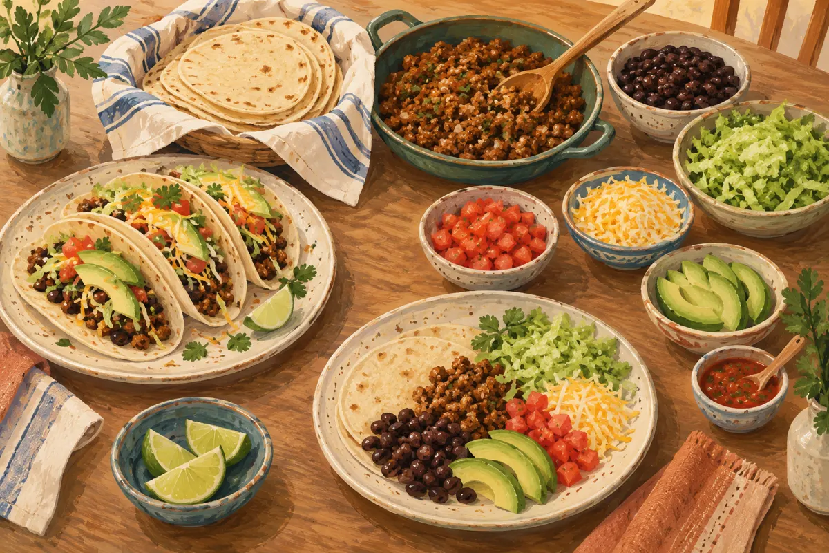 Illustrated taco-night table with separate fillings and toppings for different preferences.