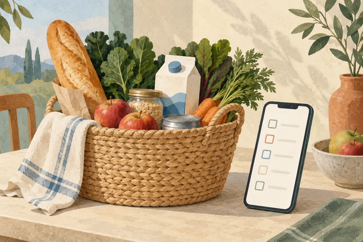 Illustration of groceries beside a phone with a simple checklist.