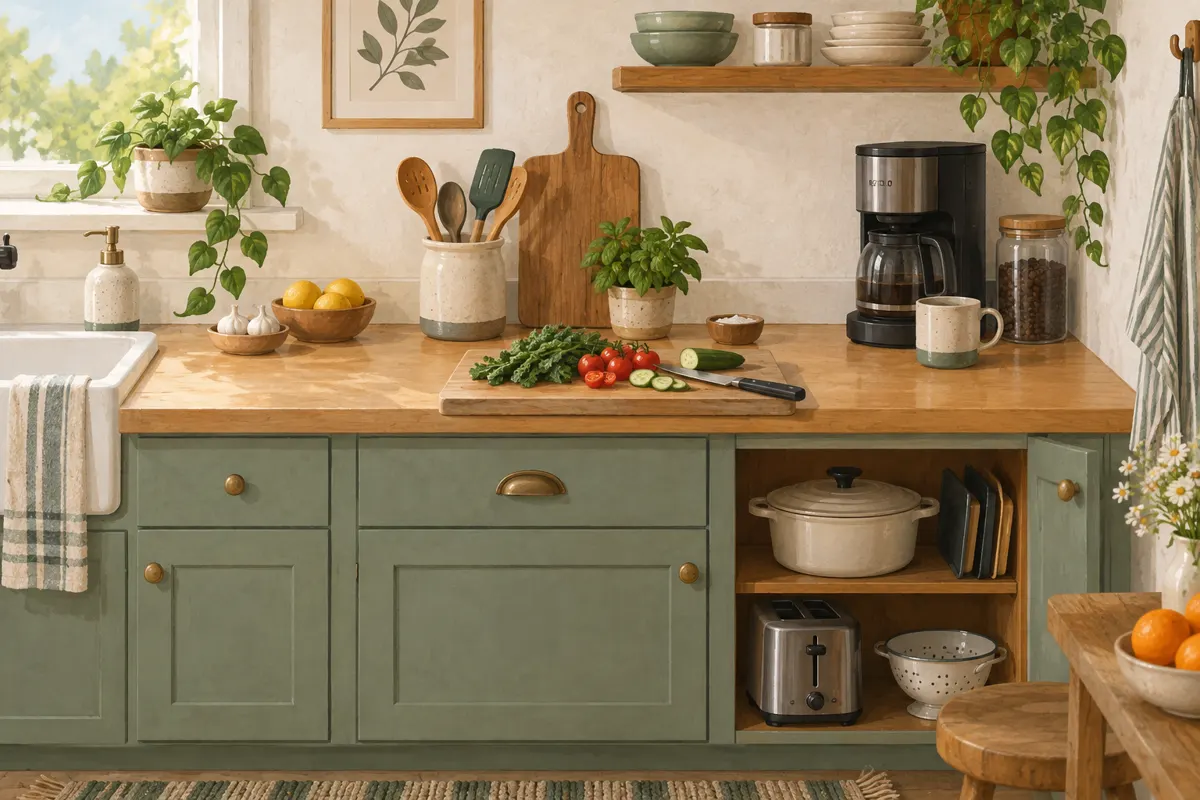 Illustration of a small kitchen counter organized with a clear preparation area and compact storage.