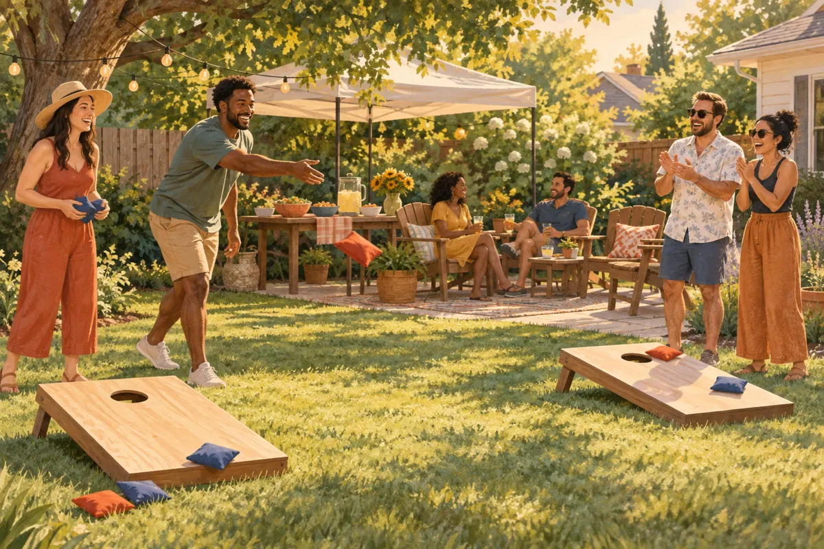 Illustration of a backyard game day with separate areas for lawn games and snacks.