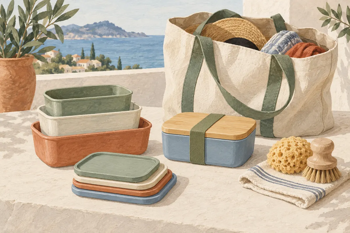 Illustration of reusable food containers and lids packed beside a travel tote.