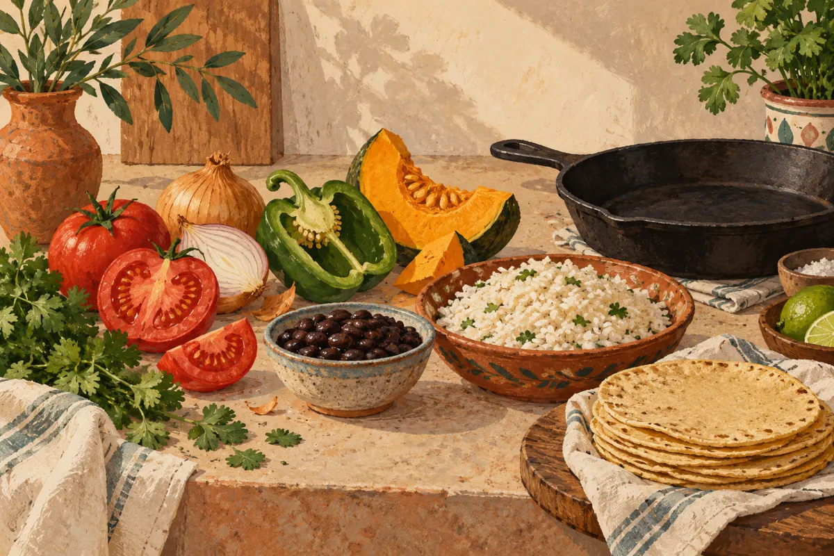 Illustration of half-used vegetables, beans, rice, and tortillas ready for a use-it-up dinner.