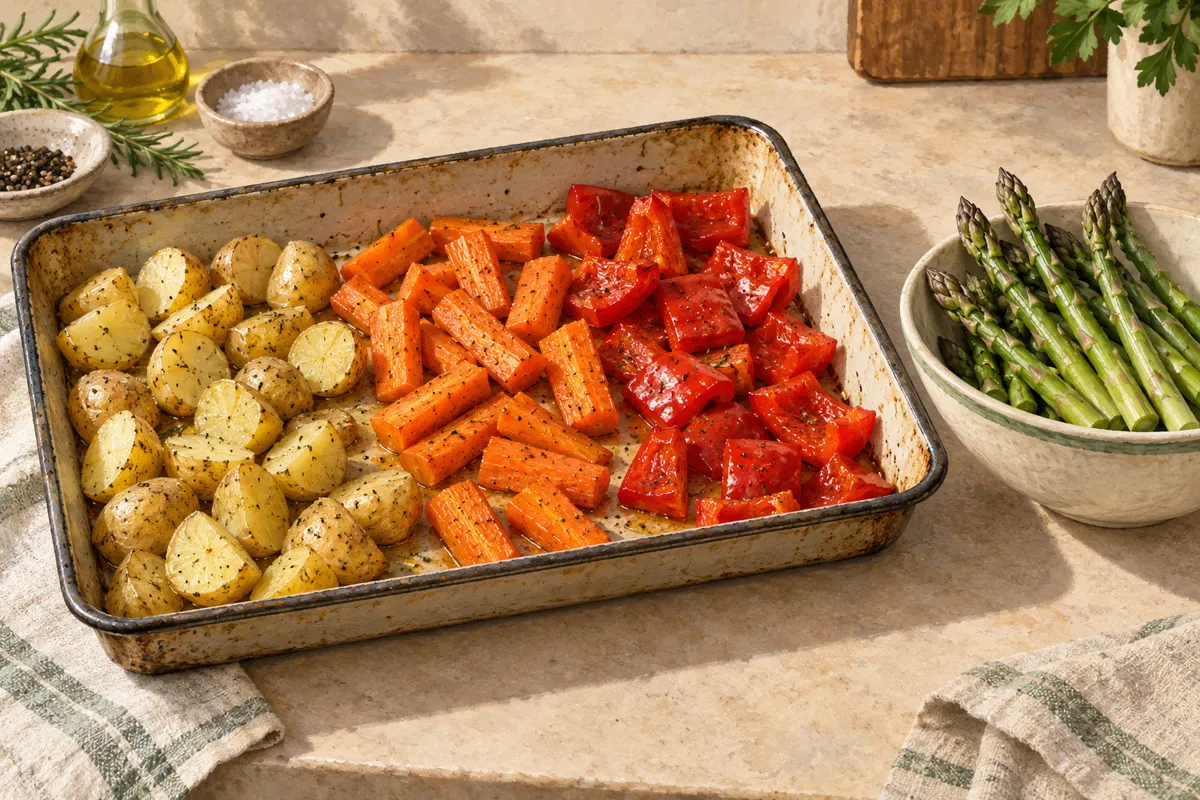 Illustration of vegetables grouped on a roasting tray with asparagus waiting to be added.